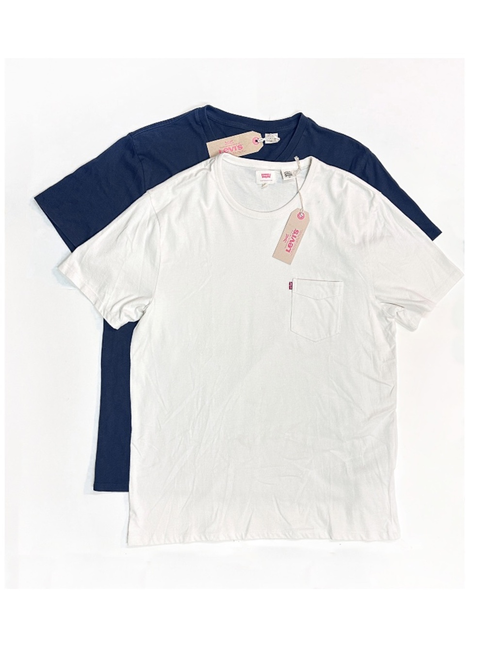 2 Pack (Navy & Off-White) LEVI'S Men's Large Classic 100% Cotton Pocket Tee Tag